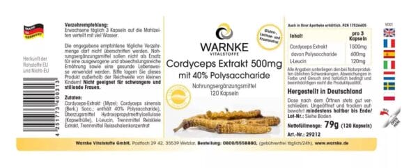 Cordyceps Extrakt 500mg, 40% Polysaccharide (Warnke) - deutsch