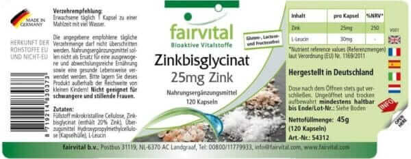 Zinkbisglycinat mit 25mg Zink (fairvital) deutsch