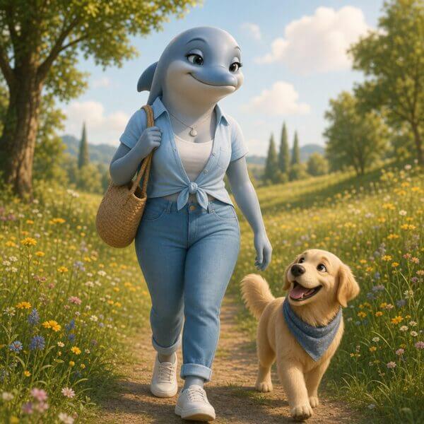 Delfin geht mit Hund spazieren